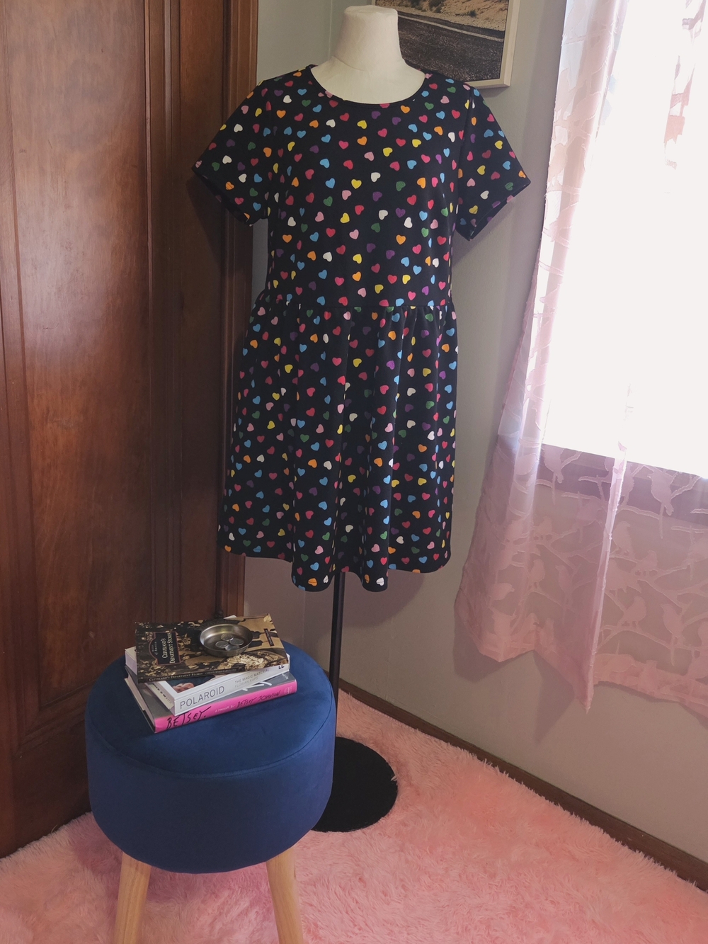 SHEIN Black Midi Dress with Colorful Heart Print